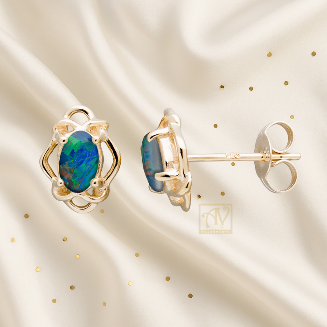 Curio Oval Triplet Opal 6x4mm Earring 9kt Yellow Gold