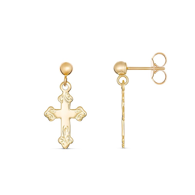 Sublime Engraved Cross Drop Earrings 9 kt Yellow Gold