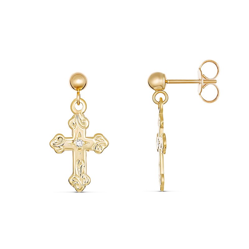 Sublime Engraved Diamond Cross Drop Earring 9kt Yellow Gold