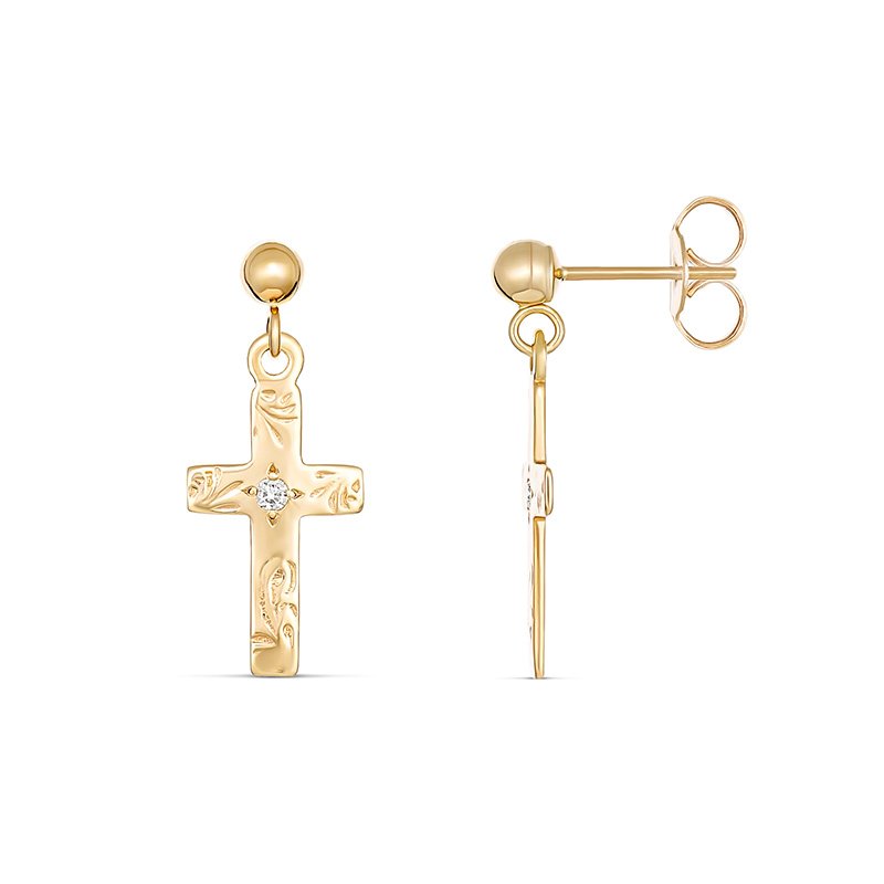 Tiny Tails Engraved Diamond Cross Drop Earring 9kt Yellow Gold