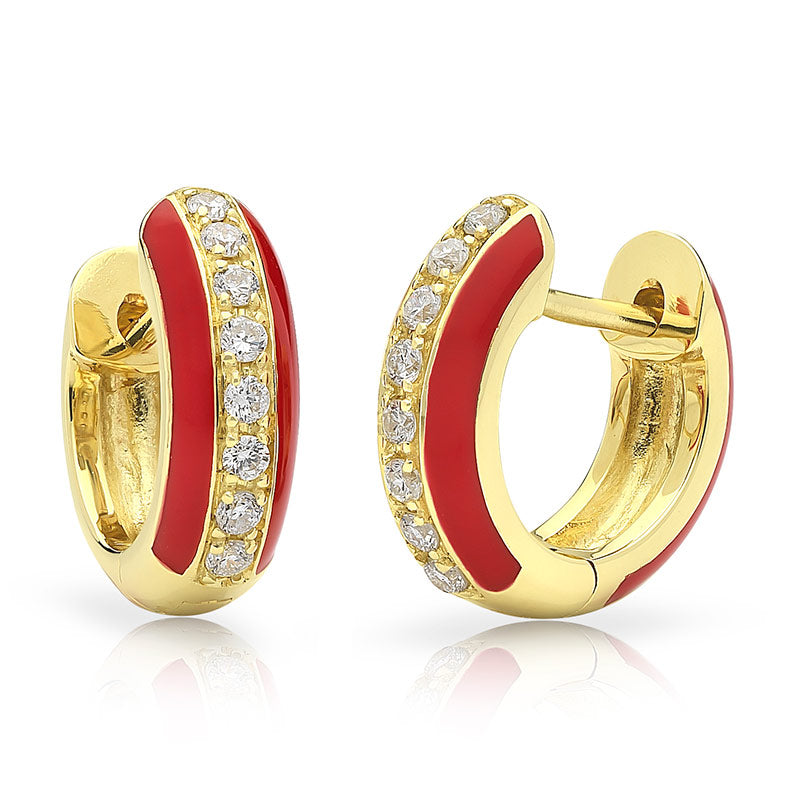Sunset Red Enamel Channel-Set Diamond Huggie Earrings in 9kt Yellow Gold