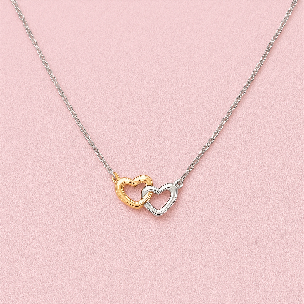 TwinTone Heart link Necklace 9kt Yellow & White Gold