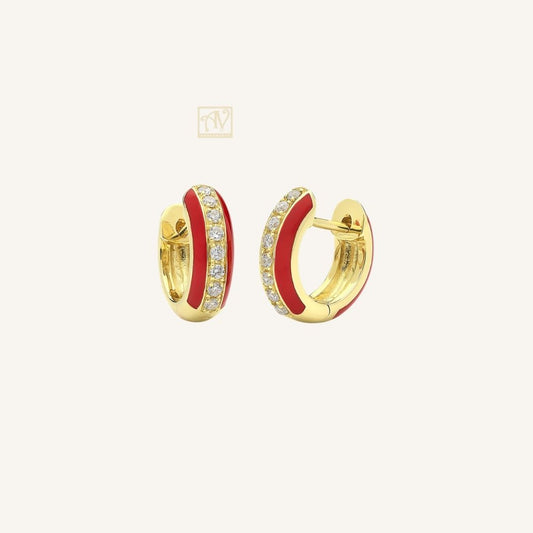 Sunset Red Enamel Channel-Set Diamond Huggie Earrings in 9kt Yellow Gold