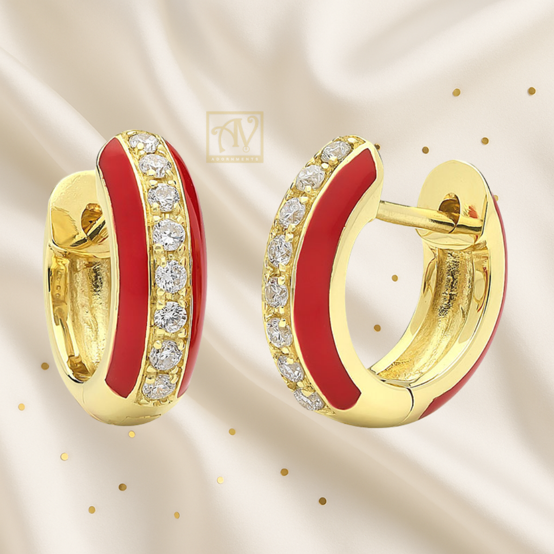 Sunset Red Enamel Channel-Set Diamond Huggie Earrings in 9kt Yellow Gold