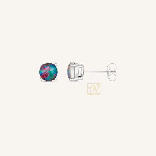 Chromatic Round shaped Triplet Opal Studs Sterling Silver