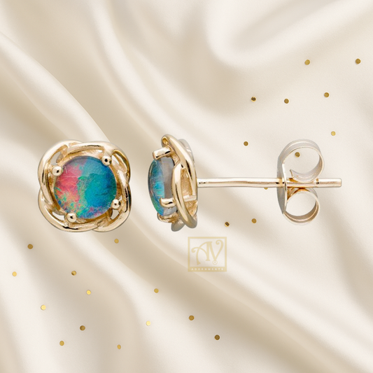 Chromatic Round shaped Triplet Opal Studs 9kt Yellow Gold