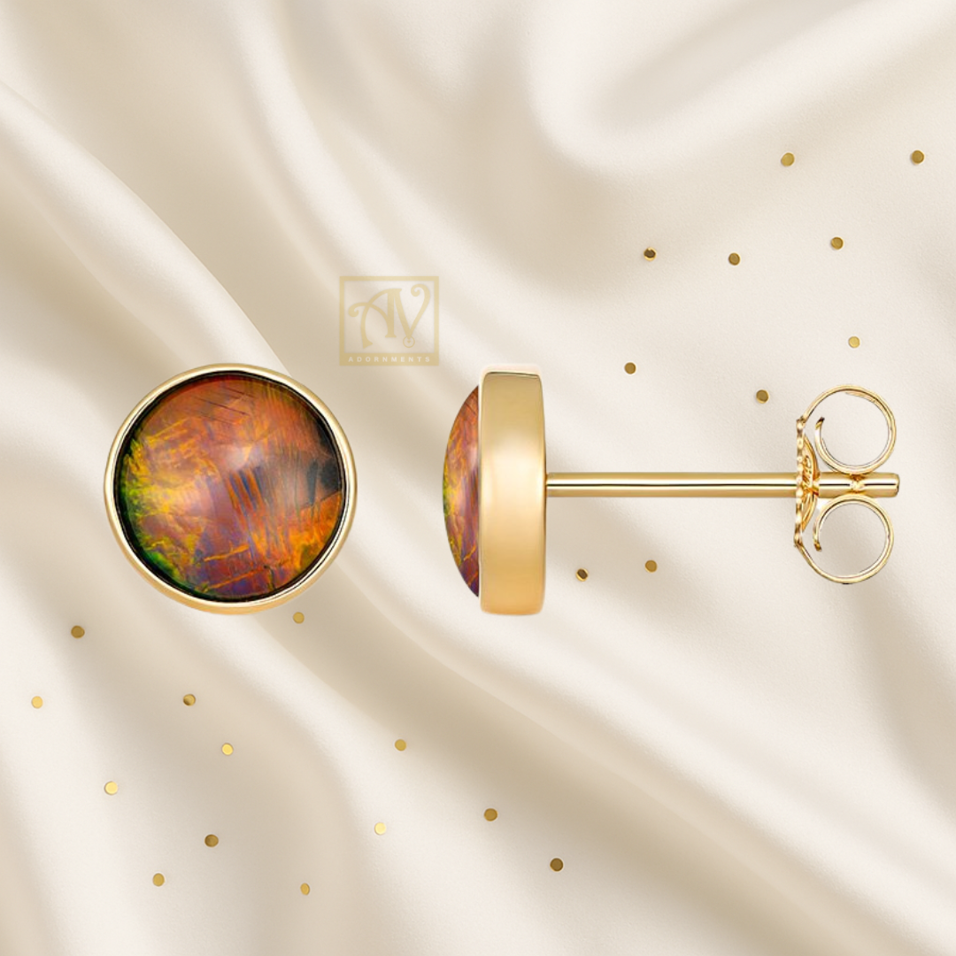 Coral Bloom Round Triplet Opal Studs 9kt Yellow Gold