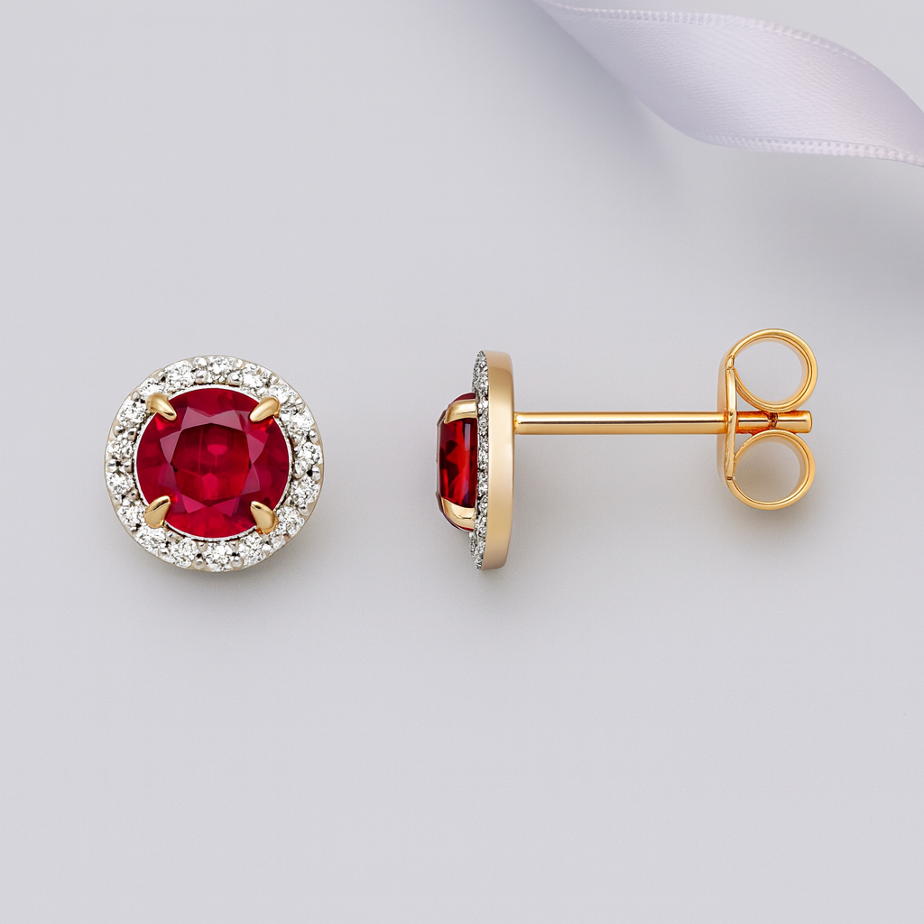Aglow Created Ruby & Diamond Earrings 9kt Yellow Gold