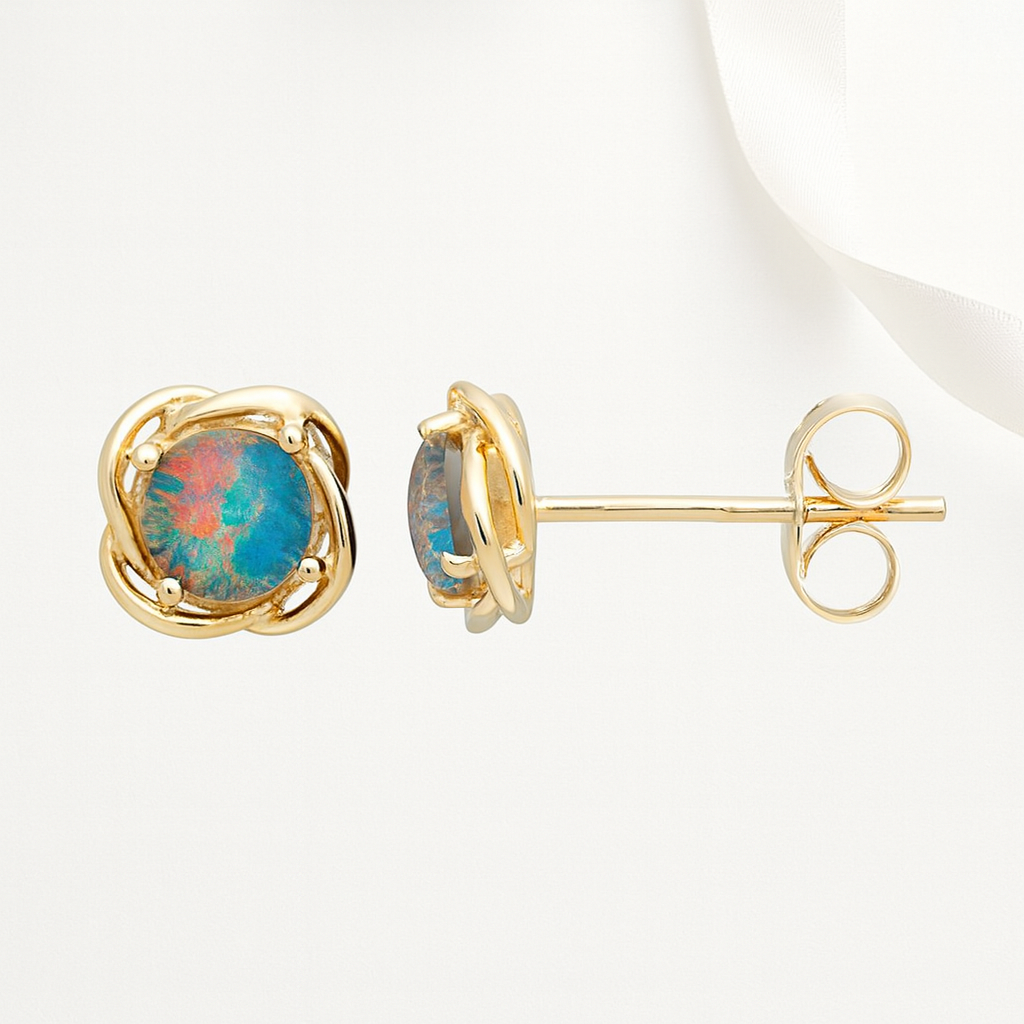 Chromatic Round shaped Triplet Opal Studs 9kt Yellow Gold