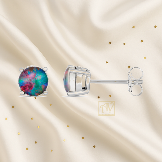 Chromatic Round shaped Triplet Opal Studs Sterling Silver
