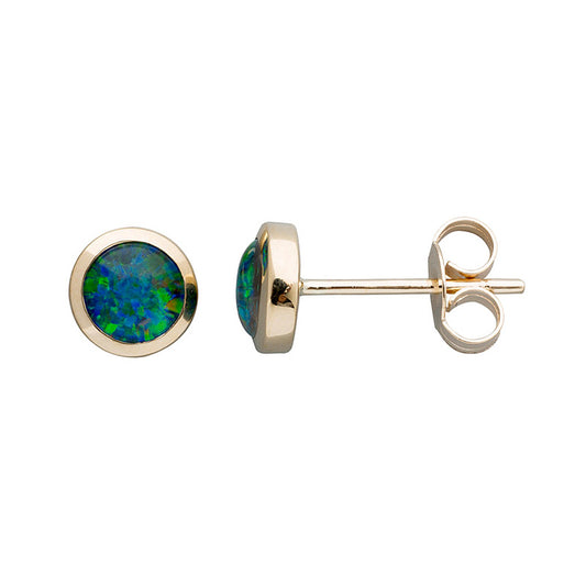 Vibrant Round 6mm Triplet Opal Earrings 9kt Yellow Gold