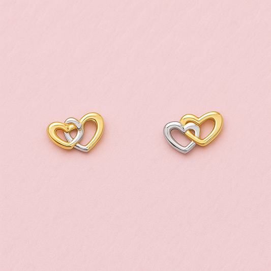TwinTone Heart link Earrings 9kt Yellow & White Gold