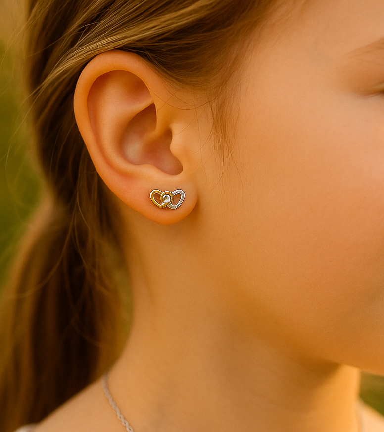 TwinTone Heart link Earrings 9kt Yellow & White Gold