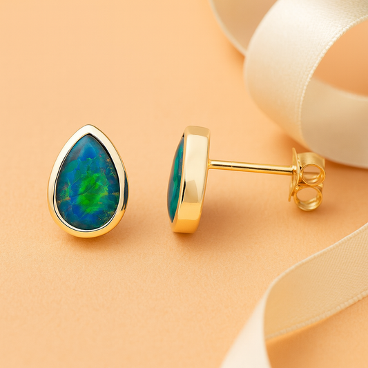 Nebula Shine Triplet Opal Pear shaped Studs 9kt Yellow Gold