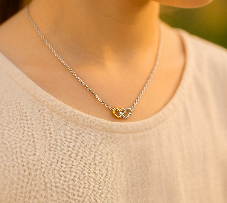 TwinTone Heart link Necklace 9kt Yellow & White Gold