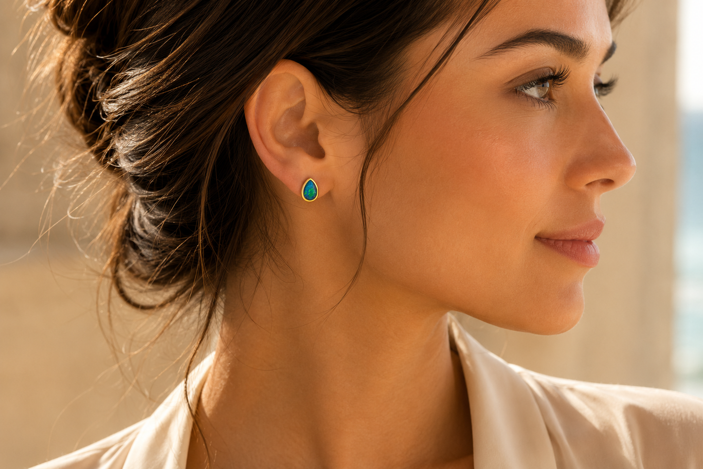 Nebula Shine Triplet Opal Pear shaped Studs 9kt Yellow Gold